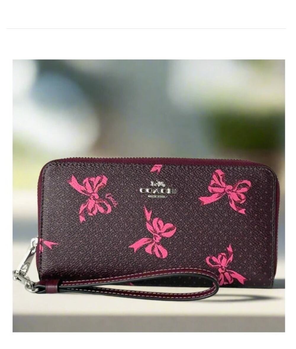 Coach CZ327 Pink Bow Long Zip Wallet Merlot Canvas Phone Wristlet
